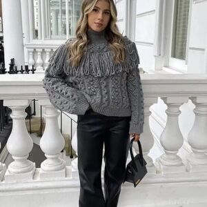Zara Gray Cable Knit Turtleneck Sweater